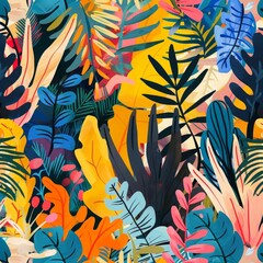 Abstract colorful tropical leaf pattern with overlapping foliage on a yellow background. Digital art illustration with vibrant hues and botanical shapes. Nature and decorative art concept. Generative 