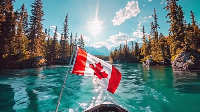 Canadian flag on canoe in mountain stream 