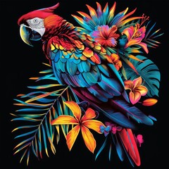 Obraz premium Colorful parrot illustration with neon tropical flowers and leaves on black background. Digital art featuring vibrant feathers and exotic floral details. Generative AI