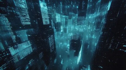 Naklejka premium Futuristic Cityscape Abstract Digital Art Binary Code Glowing Blue Data Towers