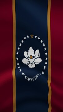Mississippi State Waving Flag in Vertical Orientation. Realistic Flag Animation. Seamless Loop Background.