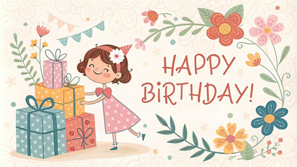 vector illustration, greeting with text Happy Birthday! surrounded by gifts of flowers. greeting card for holiday,