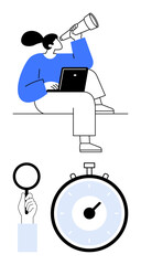 Person with telescope holding laptop hand holding magnifying glass stopwatch. Ideal for planning, strategy, research, focus, exploration, productivity, time management. Line metaphor