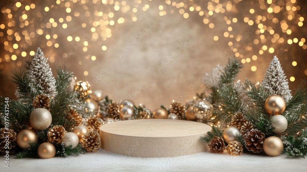 Poster a round wooden platform with a light brown finish sits in front of a blurred background of christmas