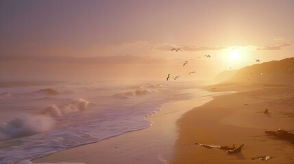 Golden Sunrise on Misty Beach with Gentle Waves, Seagulls Flying Over Coastal Sand Dunes, Warm and Peaceful Ocean Landscape in Morning Light