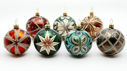 Ornaments with a Christmas star design and a bauble form are displayed on an isolated white background.