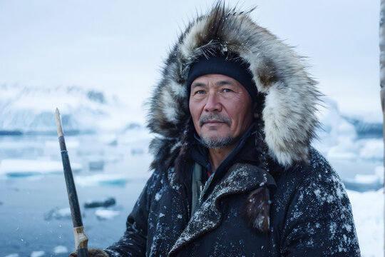 A Native Alaskan fisherman in a fur-lined coat, holding a fishing spear, stands amidst a snowy Arctic landscape, embodying resilience in extreme conditions. Generative AI