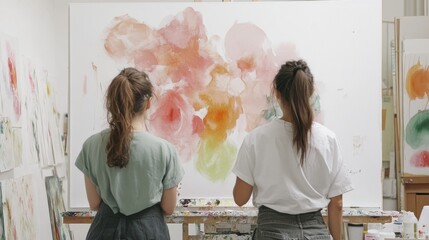 Painters collaborate in a studio, using watercolors and brushes to create an artwork near a blank canvas. They work together to produce a new piece for an exhibition.