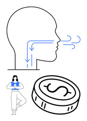 Human head with blue airflow arrows, woman in yoga tree pose, coin with dollar sign suggesting health and wealth balance. Ideal for wellness, mindfulness, meditation, finance, health, balance