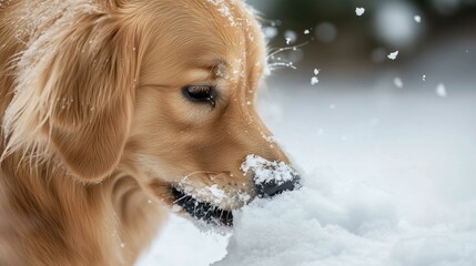 A close-up of a dog outside in winter, eating snow
