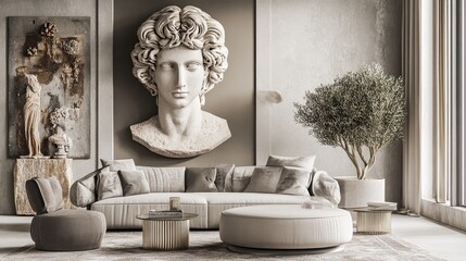 Timeless Greek artistry meets modern grandeur in an evocative blend of ancient sculpture and contemporary design.