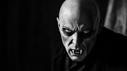Fototapeta premium Bald Vampire With Sharp Fangs Staring Intensely During a Dark and Eerie Night Scene