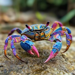 A vibrant, colorful crab with intricate patterns on its shell and legs, perched on a rock.