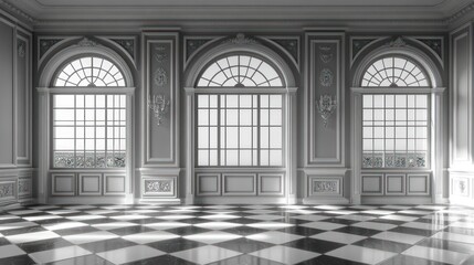 Fototapeta premium Empty grand room with arched windows and checkered floor.