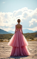 Fototapeta premium Serene Scene of Woman in Pink Gown with Graceful Posture in Picturesque Field with Clear Blue Sky and Mountain Silhouettes