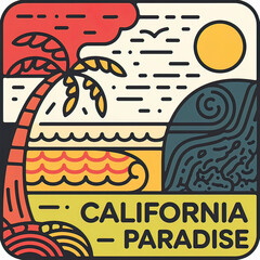 Vector design on white background, bright summer style, CALIFORNIA PARADISE, beach with palm tree, waves, for design creation.