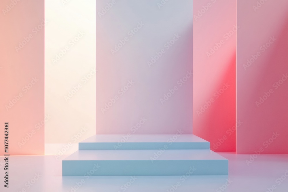 Poster soft pastel colors and geometric shapes form a tranquil indoor space, illuminated by gentle natural 
