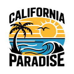Obraz premium Vector design on white background, bright summer style, CALIFORNIA PARADISE, beach with palm tree, waves, for design creation.