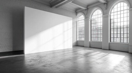 Obraz premium Empty white canvas with large arched windows in a modern loft space.