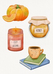 Set of autumn cozy objects: pumpkin, honey jar, candle, cup of tea, books, watercolor style