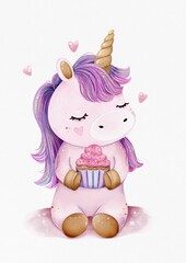 Fototapeta premium Cute watercolor unicorn holding a cupcake. Adorable and magical illustration perfect for children's designs, party decorations, greeting cards, posters, stickers, or nursery decor. Soft pastel colors