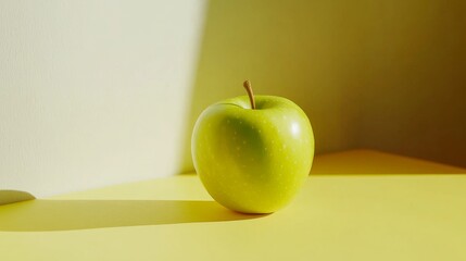 A vibrant green apple sits on a sunlit yellow surface, casting a soft shadow and creating a minimalist, fresh, and bright visual contrast.