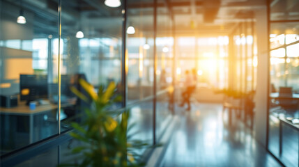 Steel and glass office backgrounds. Blurred office space. with sunlight. 