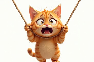 Cartoon Scared Ginger Cat Hanging on a Rope