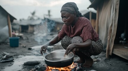 A woman crouches by an open fire in a village setting, diligently cooking, symbolizing daily life and resilience.