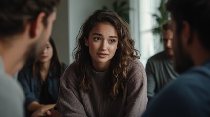 Young woman attentively engaging in group discussion, surrounded by peers, conveying a sense of openness and thoughtful interaction.