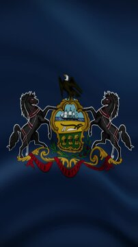 Pennsylvania State Waving Flag in Vertical Orientation. Realistic Flag Animation. Seamless Loop Background.