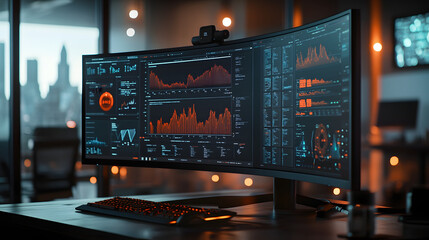 A firewall interface on a computer screen with graphs and indicators monitoring network security in real-time.