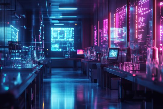 A futuristic laboratory with glowing screens displaying data and lab equipment on the tables.