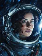 Female astronaut in full space suit with visor up, intense gaze, set against a cosmic background with distant stars. Generative AI