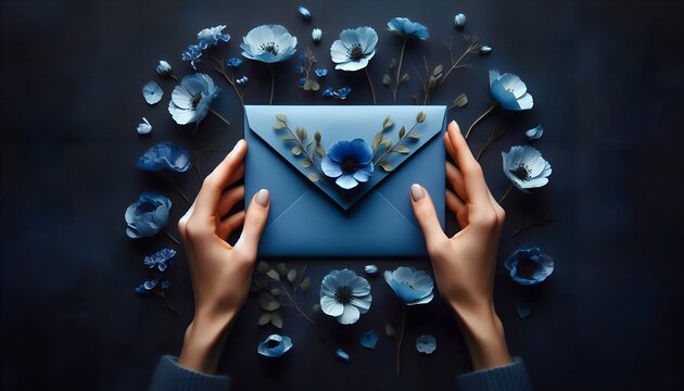 A woman's hands holding a blue envelope surrounded by blue flowers on a dark background