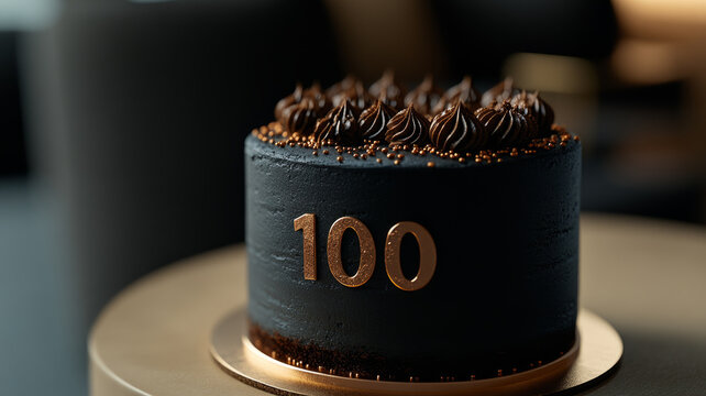 Chocolate cake with '100' in gold icing on top