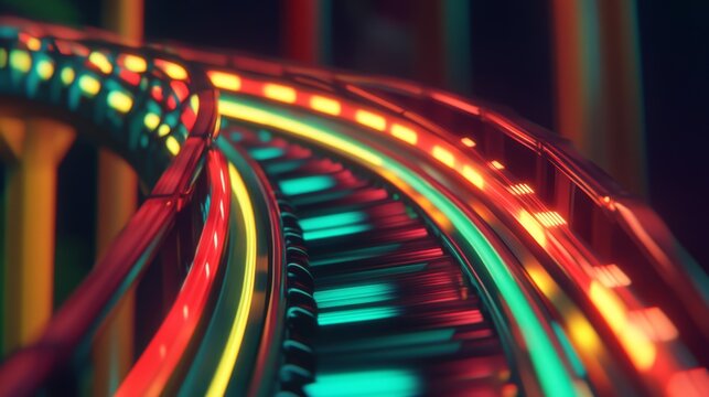 Neon-lit roller coaster track swirls in vibrant colors, evoking excitement and speed. - Powered by Adobe