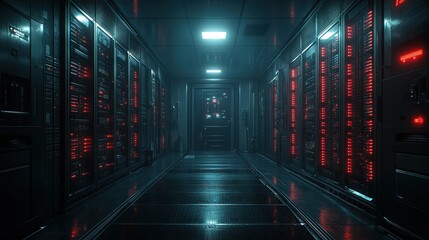 Futuristic server room with glowing lights and network panels.
