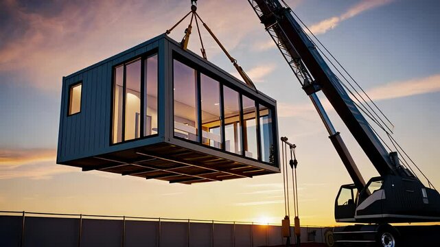 Crane Lifting Modular Container Home at Sunset


