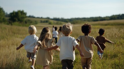 A diverse group of children races energetically through a grassy field, their shared laughter capturing the joy of friendship.