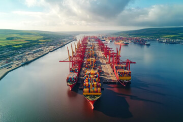 Massive Container Ship at Port with Industrial Cranes