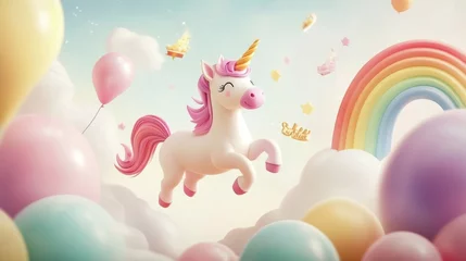 running rainbow unicorn in sky world with pastel colors'