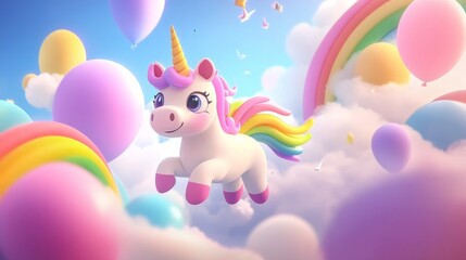 running rainbow unicorn in sky world with pastel colors'