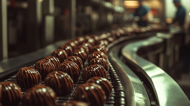 A conveyor belt lined with decadent chocolate truffles in a factory setting, capturing the alluring process of confectionery production in rich detail.