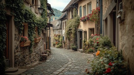 Fototapeta premium Cobblestone Street in a European Village with Stone Buildings and Lush Greenery
