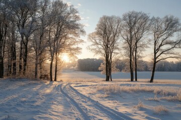 Obraz premium Christmas snowy landscape with trees,