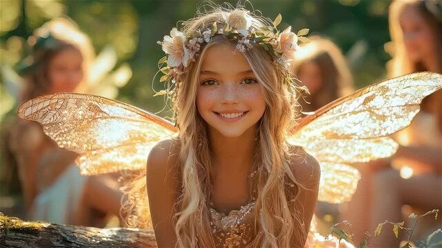 A joyful fairy with sparkling wings and a flower crown sits amidst a magical forest, surrounded by friends on a sunny afternoon, radiating enchantment and wonder video