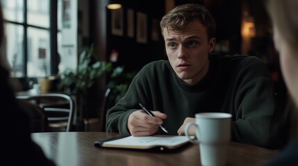 Focused man in cozy café writing notes with coffee, surrounded by dim, warm light.