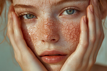 Beautiful young woman with dry skin, metaphor of skin dryness concern