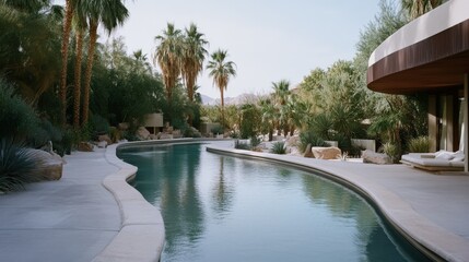Serene desert oasis with lush palm trees surrounding a gently curving pool, reflecting a tranquil vibe amidst sunlit stone pathways.